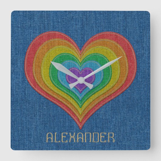 ブルーレインボーデニムジーンズ6ハートカスタマイズ名前 スクエア壁時計 (正面)
