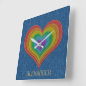 ブルーレインボーデニムジーンズ6ハートカスタマイズ名前 スクエア壁時計 (傾斜)