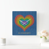 ブルーレインボーデニムジーンズ6ハートカスタマイズ名前 スクエア壁時計 (ホーム)