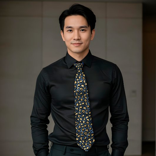 ブルーレオパードプリントパターン メタリック ネクタイ