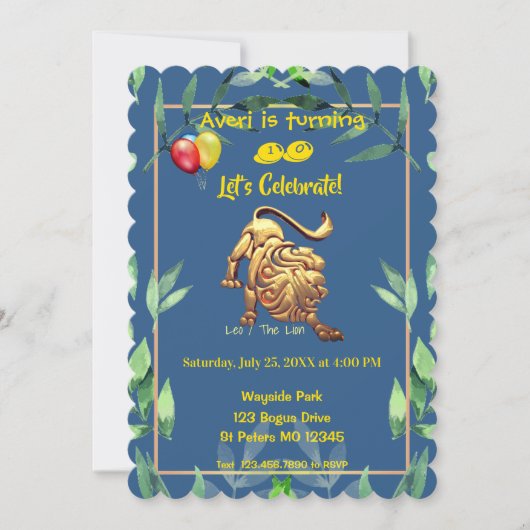 ブルーレオ（7月23日～8月22日）誕生日 招待状 (正面)