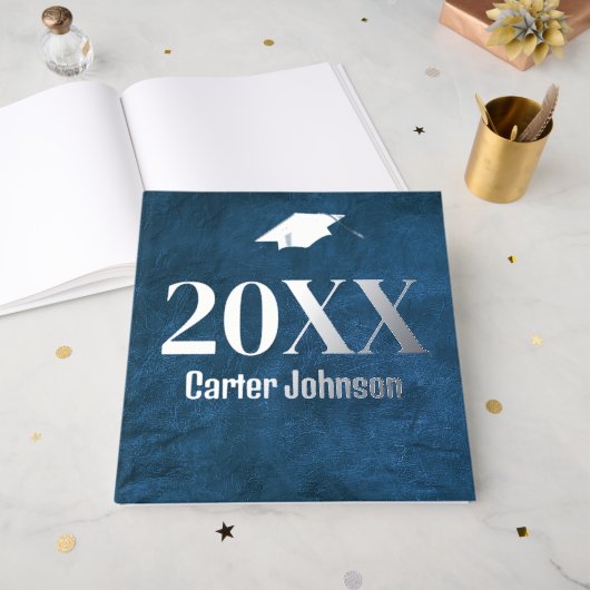 ブルーレザーの卒業用銀箔 ゲストブック (正面見開き)