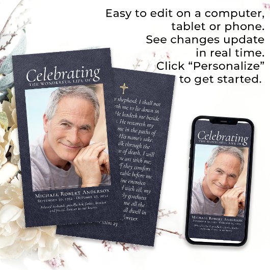 ブルーレザークロスフォトメモリアル祈りの言葉カード