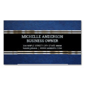 ブルーレザーテクスチャ |金ゴールドトリム金属箔 マグネット名刺 (正面)