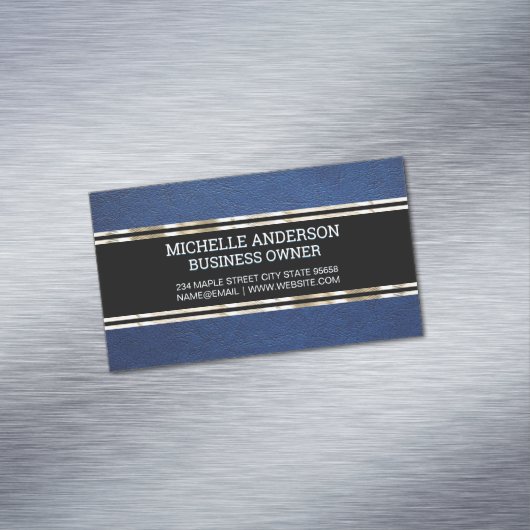 ブルーレザーテクスチャ |金ゴールドトリム金属箔 マグネット名刺 (インサイチュ)