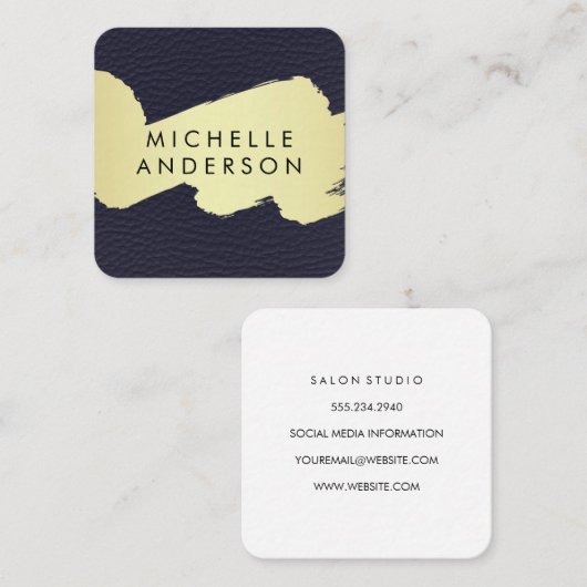 ブルーレザーフェイク/金ゴールドブラシ スクエア名刺 (正面/裏面)