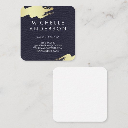ブルーレザーフェイク/金ゴールドブラシ スクエア名刺 (正面/裏面)