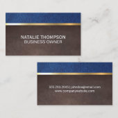 ブルーレザーブラウンテクスチャ金ゴールドメタリックトリム 名刺 (正面/裏面)