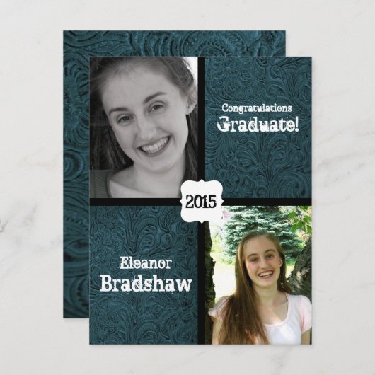 ブルーレザールックツーフォト卒業パーティー 招待状 (正面/裏面)