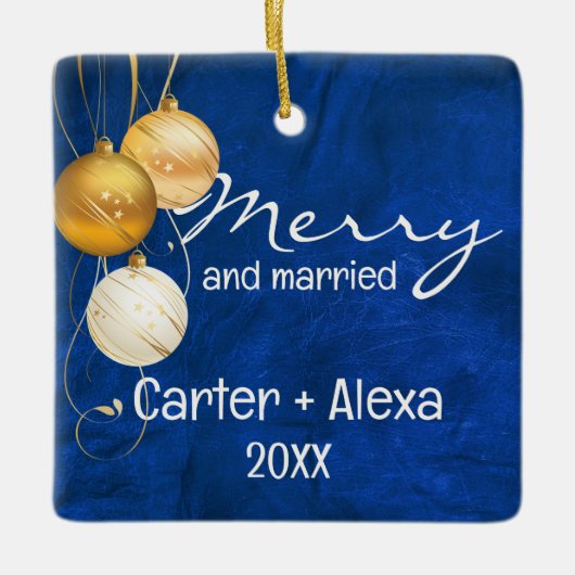 ブルーレザー初めてのクリスマス 結婚した セラミックオーナメント (正面)