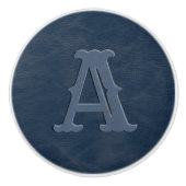 ブルーレザー素朴テクスチャモノグラムイニシャル セラミックノブ (正面)