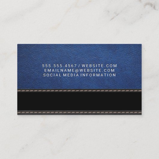 ブルーレザー |黒いテクスチャ |糸と針 名刺 (裏面)