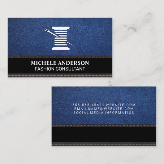 ブルーレザー |黒いテクスチャ |糸と針 名刺 (正面/裏面)