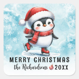 ブルーレッドおもしろいペンギンアイススケーターメリークリスマス スクエアシール