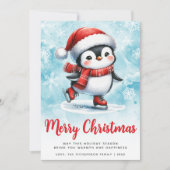 ブルーレッドかわいい氷のスケートで滑るペンギンメリークリスマス シーズンカード (正面)