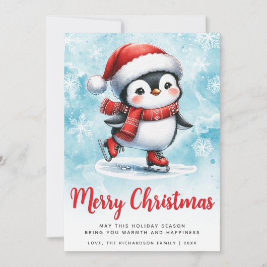ブルーレッドかわいい氷のスケートで滑るペンギンメリークリスマス シーズンカード (正面)