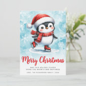 ブルーレッドかわいい氷のスケートで滑るペンギンメリークリスマス シーズンカード (スタンド正面)