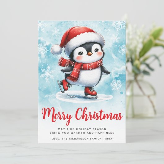 ブルーレッドかわいい氷のスケートで滑るペンギンメリークリスマス シーズンカード (スタンド正面)