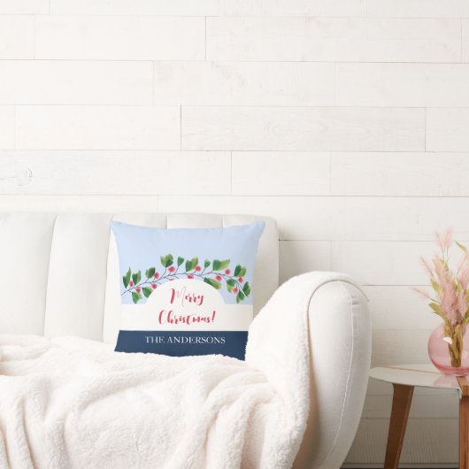 ブルーレッドとグリーンウォーターカラーベリーブランチ クッション (ソファ)