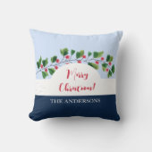 ブルーレッドとグリーンウォーターカラーベリーブランチ クッション (正面)