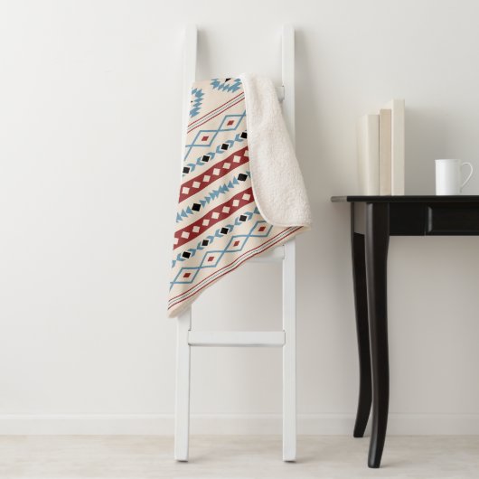 ブルーレッドアステカブラッククリームミックスモチーフ柄 シェルパブランケット (インサイチュ)