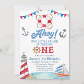 ブルーレッドアホイ私たちの小さなセーラーの誕生日 招待状 (正面)