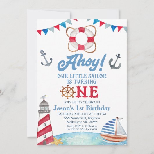 ブルーレッドアホイ私たちの小さなセーラーの誕生日 招待状 (正面)