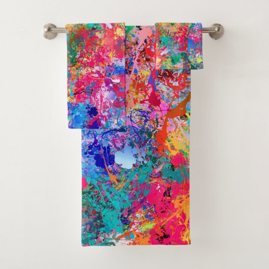 ブルーレッドイエローグリーンピンクティール（緑がかった色）スプラッシュアブストラクション バスタオルセット (インサイチュ)