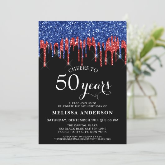 ブルーレッドエレガントグリッタードリップス愛国的誕生日 招待状 (スタンド正面)
