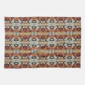 ブルーレッドオレンジタウペブラウンブラックトライバルアート キッチンタオル (横)