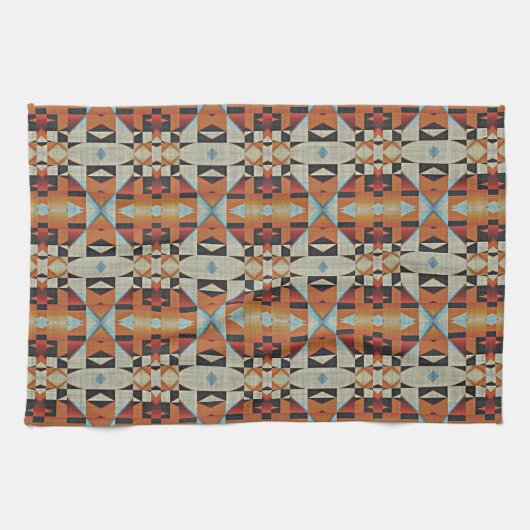ブルーレッドオレンジタウペブラウンブラックトライバルアート キッチンタオル (横)
