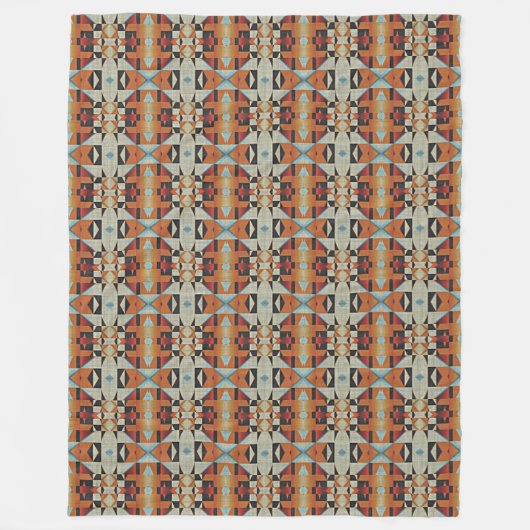 ブルーレッドオレンジタウペブラウンブラックトライバルアート フリースブランケット (正面)