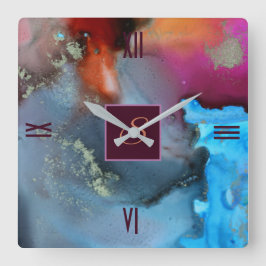 ブルーレッドオレンジ抽象芸術ウェーブモノグラム スクエア壁時計