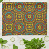 ブルーレッドカッコいいイエローレトロ幾何学民族部族 キッチンタオル (折り畳み)