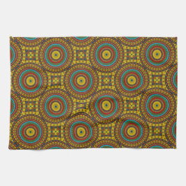 ブルーレッドカッコいいイエローレトロ幾何学民族部族 キッチンタオル