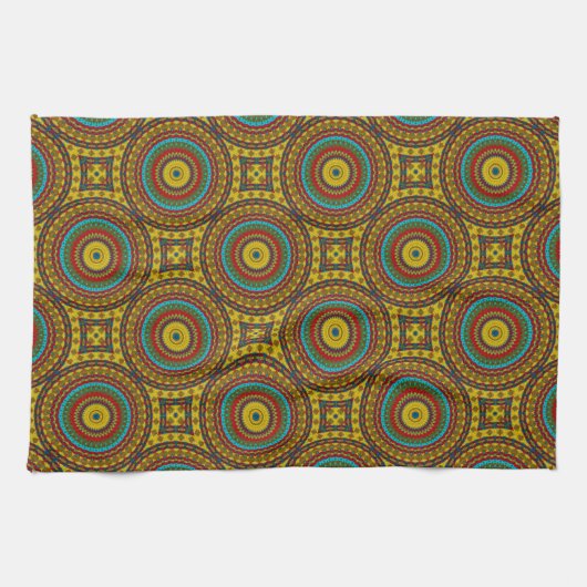 ブルーレッドカッコいいイエローレトロ幾何学民族部族 キッチンタオル (横)