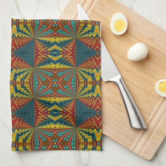 ブルーレッドカッコいいイエローレトロ幾何学民族部族 キッチンタオル (四つ折り)