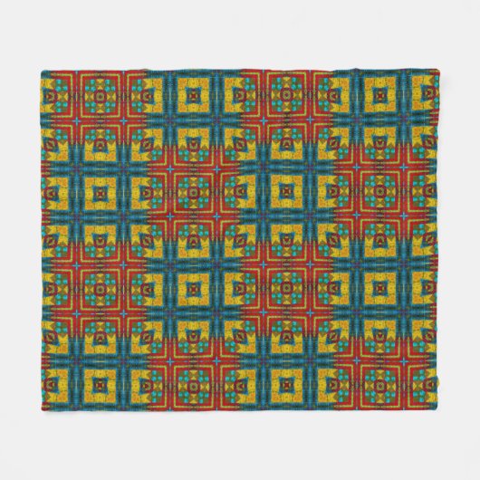 ブルーレッドカッコいいイエローレトロ幾何学民族部族 フリースブランケット (正面(横))