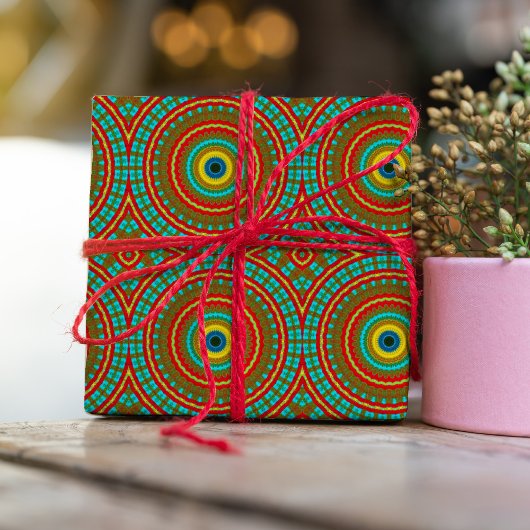 ブルーレッドカッコいいイエローレトロ幾何学民族部族 ラッピングペーパー