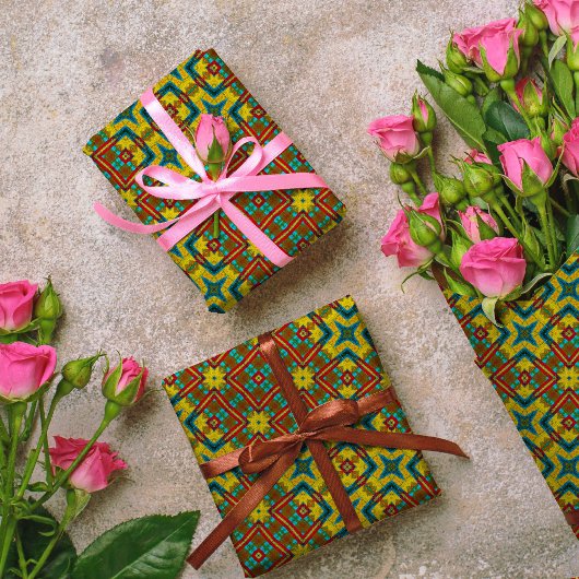 ブルーレッドカッコいいイエローレトロ幾何学民族部族 ラッピングペーパー