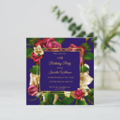 ブルーレッドクリームバラフローラ金ゴールド誕生日パーティー 招待状 (スタンド正面)