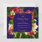 ブルーレッドクリームバラフローラ金ゴールド誕生日パーティー 招待状 (正面)