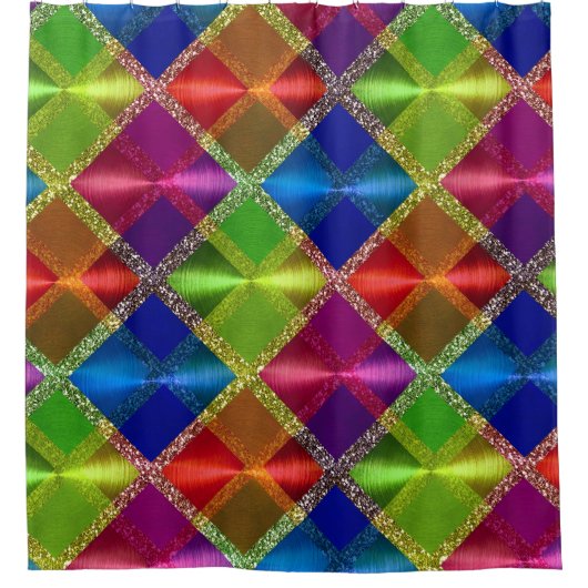 ブルーレッドグリーングリッタープレイドデザイン シャワーカーテン (正面)