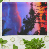 ブルーレッドサンセットエキゾチックハワイアンビーチパームツリーズ キッチンタオル (折り畳み)