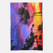 ブルーレッドサンセットエキゾチックハワイアンビーチパームツリーズ キッチンタオル (縦)