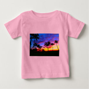 ブルーレッドサンセットエキゾチックハワイアンビーチパームツリーズ ベビーTシャツ