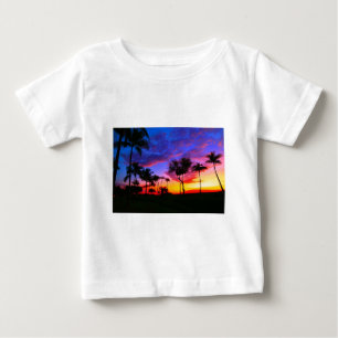 ブルーレッドサンセットエキゾチックハワイアンビーチパームツリーズ ベビーTシャツ