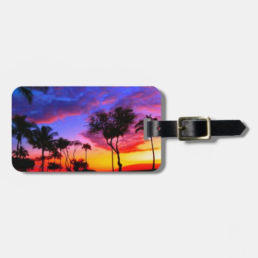 ブルーレッドサンセットエキゾチックハワイアンビーチパームツリーズ ラゲッジタグ (正面横)