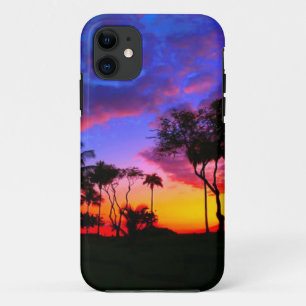 ブルーレッドサンセットエキゾチックハワイアンビーチパームツリーズ iPhone 11 ケース