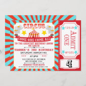 ブルーレッドサーカスチケットサーカステント誕生日 招待状 (正面/裏面)